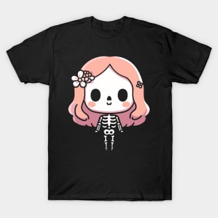 Cute Kawaii Skeleton Girl with a Flower Band | Cute Halloween Design for Girls T-Shirt